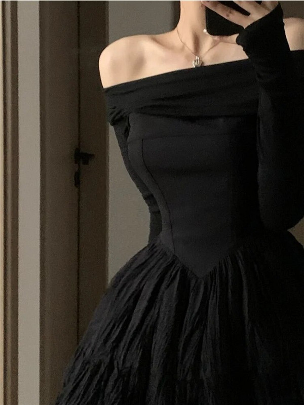 Crna mini haljina, ženska gotička balska haljina dugih rukava, šik odjeća za zabavu Temper Vintage s kosim izrezom, seksi vestidos definiranog francuskog stila