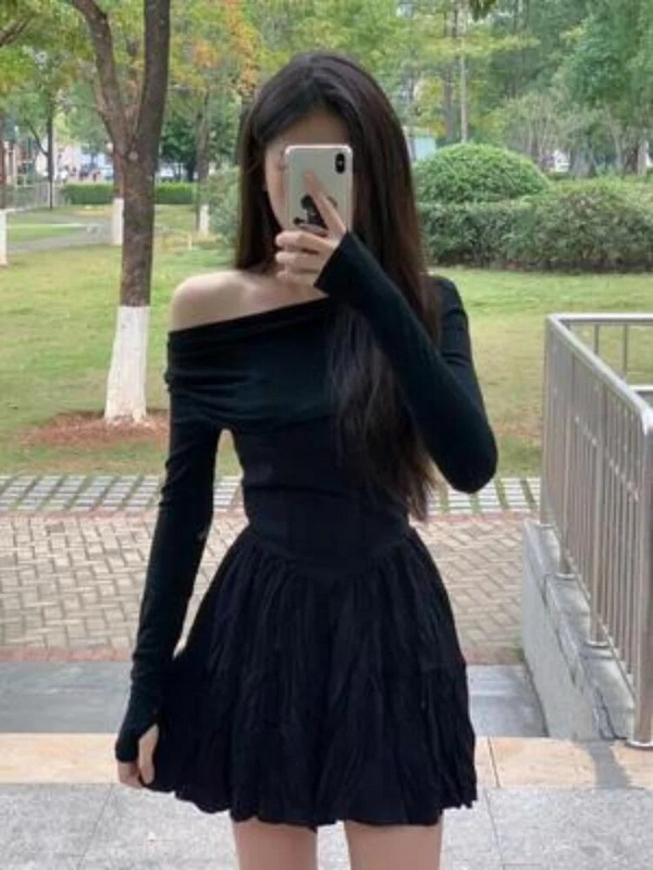 Crna mini haljina, ženska gotička balska haljina dugih rukava, šik odjeća za zabavu Temper Vintage s kosim izrezom, seksi vestidos definiranog francuskog stila