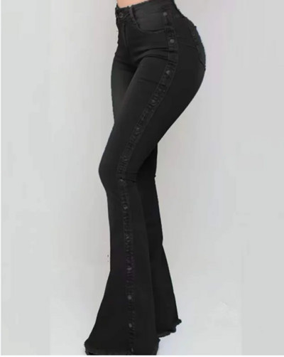 Kõrgelt venivad lohisevad teksad, isikupärastatud nööpidega disain naiste puusa tõstvad kõhnad Demini püksid, kellukese alläärega taskupüksid