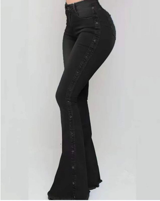 Kõrgelt venivad lohisevad teksad, isikupärastatud nööpidega disain naiste puusa tõstvad kõhnad Demini püksid, kellukese alläärega taskupüksid