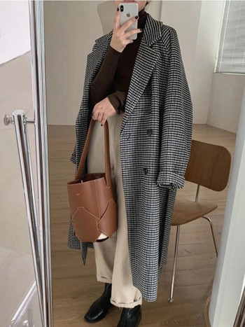 Тренчкот за жени Вълнено палто от туид Корейска мода Есенно дамско зимно облекло 2023 г. Карирано дълго яке Елегантност Офис дама