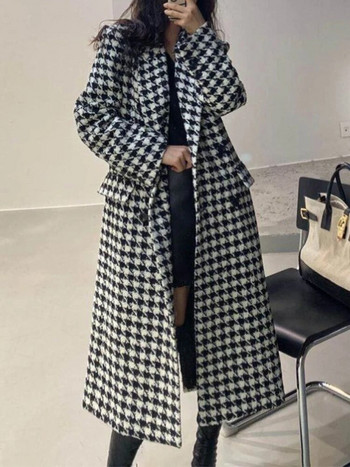 Καμπαρντίνα για γυναίκες Παλτό μαλλί τουίντ Κορεατική μόδα φθινοπωρινά γυναικεία χειμωνιάτικα ρούχα 2023 Καρό μακρύ μπουφάν Elegance Office Lady