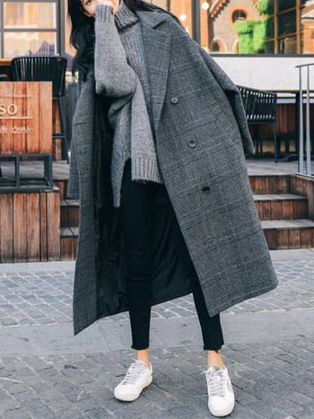 Καμπαρντίνα για γυναίκες Παλτό μαλλί τουίντ Κορεατική μόδα φθινοπωρινά γυναικεία χειμωνιάτικα ρούχα 2023 Καρό μακρύ μπουφάν Elegance Office Lady