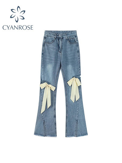 Flare Jeans Παντελόνι Γυναικείο Vintage Φιόγκος Ripped Hollow Out Γυναικείο ψηλόμεσο Harajuku Fashion Stretch τσέπη φαρδύ τζιν παντελόνι