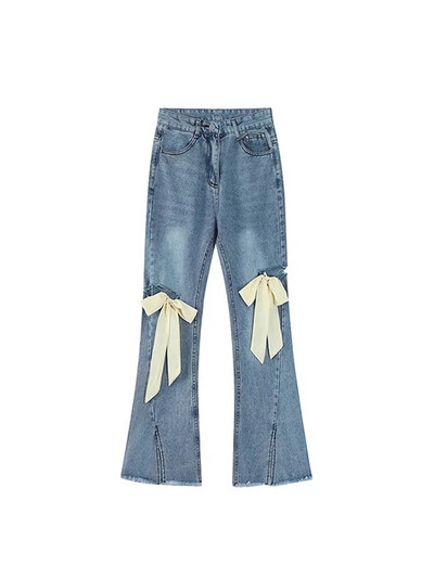 Široke traper hlače Ženske vintage traper hlače s poderanom mašnom i izdubljenim ženskim visokim strukom Harajuku modne rastezljive traper hlače širokih nogavica