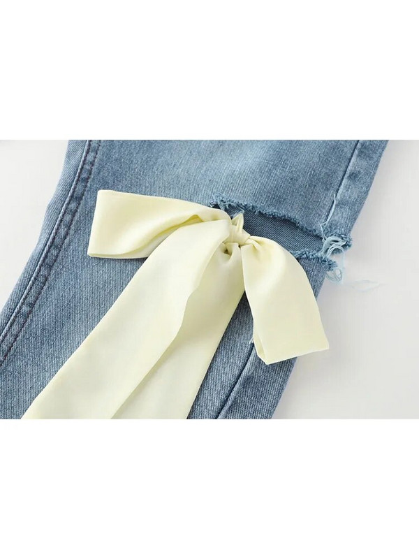 Široke traper hlače Ženske vintage traper hlače s poderanom mašnom i izdubljenim ženskim visokim strukom Harajuku modne rastezljive traper hlače širokih nogavica