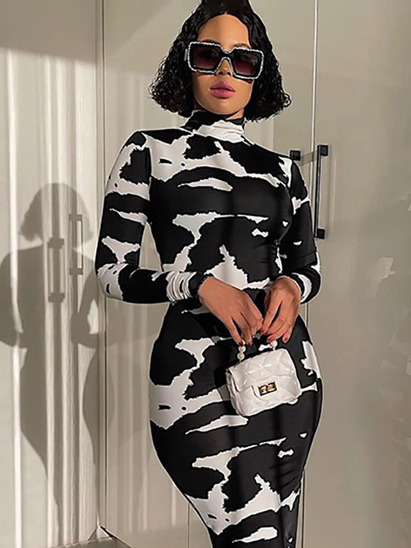 Hugcitar 2023 Pikkade varrukatega Turtleneck Cow Print Bodycon Maxi Kleit Sügistalv Naiste Mood Peoklubi Seksikad rõivad Riided