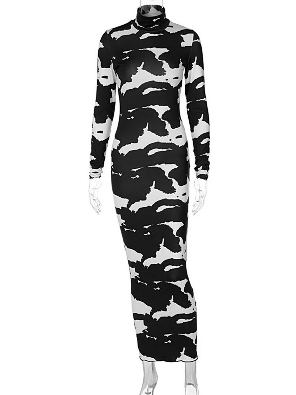 Hugcitar 2023 Pikkade varrukatega Turtleneck Cow Print Bodycon Maxi Kleit Sügistalv Naiste Mood Peoklubi Seksikad rõivad Riided