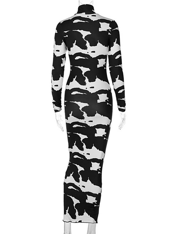 Hugcitar 2023 Pikkade varrukatega Turtleneck Cow Print Bodycon Maxi Kleit Sügistalv Naiste Mood Peoklubi Seksikad rõivad Riided