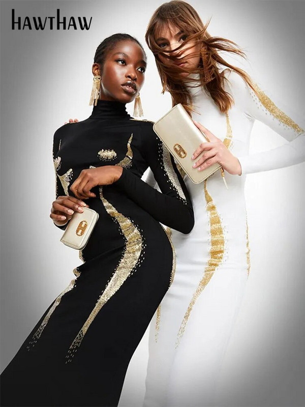 Hawthaw naiste 2023. aasta sügistalvine mood pikkade varrukatega peoklubi tänavarõivad Bodycon mustade pikkade kleidide hulgimüügikaubad ettevõtetele