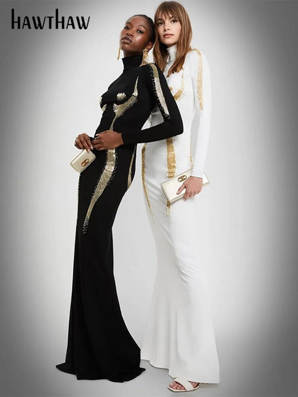 Hawthaw naiste 2023. aasta sügistalvine mood pikkade varrukatega peoklubi tänavarõivad Bodycon mustade pikkade kleidide hulgimüügikaubad ettevõtetele