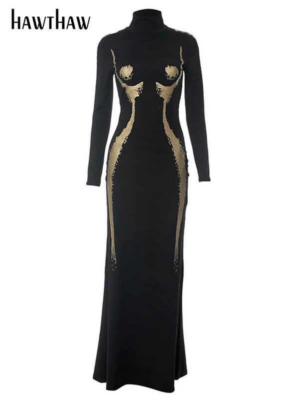 Hawthaw naiste 2023. aasta sügistalvine mood pikkade varrukatega peoklubi tänavarõivad Bodycon mustade pikkade kleidide hulgimüügikaubad ettevõtetele