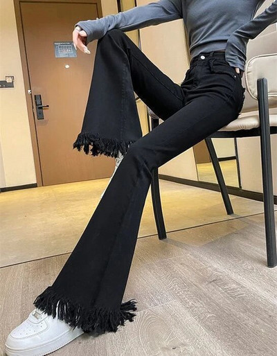 Jesen 2023., crne traper hlače s širokim nogavicama, ženske korejske modne traperice s resicama, ženske američke retro hlače s visokim strukom