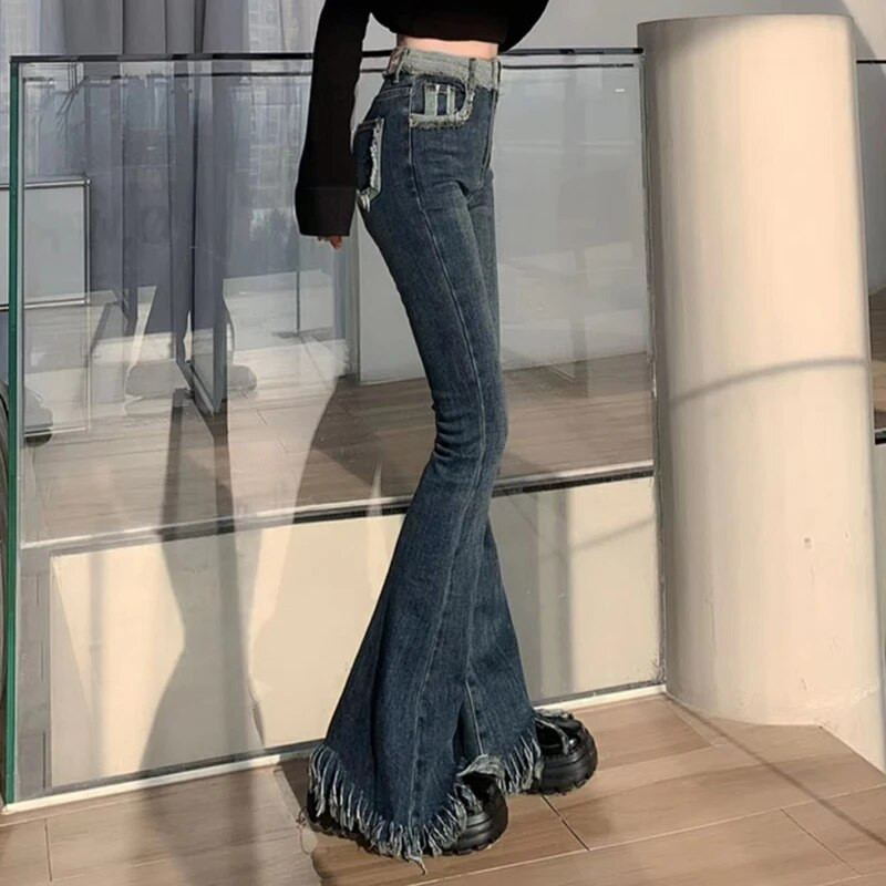 Jesen 2023., crne traper hlače s širokim nogavicama, ženske korejske modne traperice s resicama, ženske američke retro hlače s visokim strukom