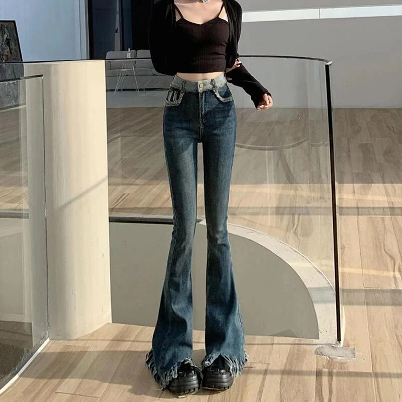 Jesen 2023., crne traper hlače s širokim nogavicama, ženske korejske modne traperice s resicama, ženske američke retro hlače s visokim strukom