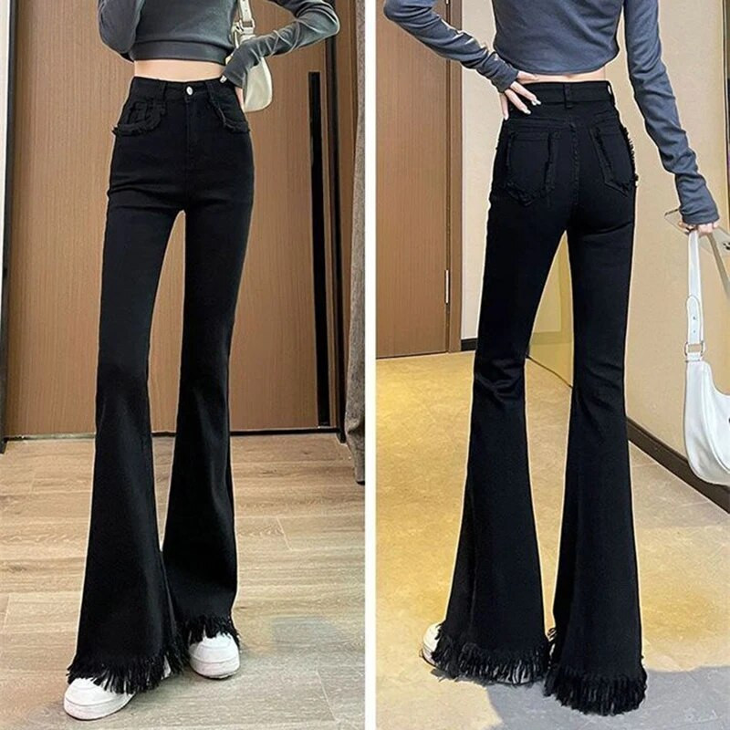 Jesen 2023., crne traper hlače s širokim nogavicama, ženske korejske modne traperice s resicama, ženske američke retro hlače s visokim strukom