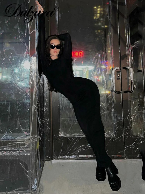Dulzura Jesen Y2K Odjeća Dugih rukava O-izrez Bodycon Maxi haljine za žene 2023 Club Party Streetwear Elegantna jednobojna odjeća