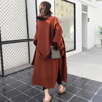 Leiouna Long Vintage Faux Office Lady Belt Горно облекло Дамско черно корейско вълнено женско палто Есенни дамски дамски палта Femme