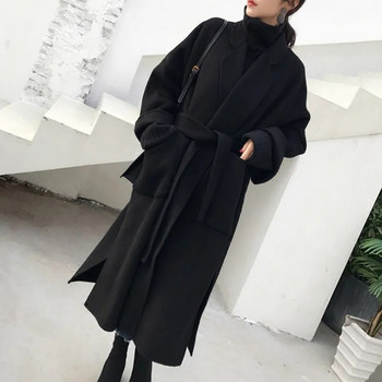 Leiouna Long Vintage Faux Office Lady Belt Горно облекло Дамско черно корейско вълнено женско палто Есенни дамски дамски палта Femme