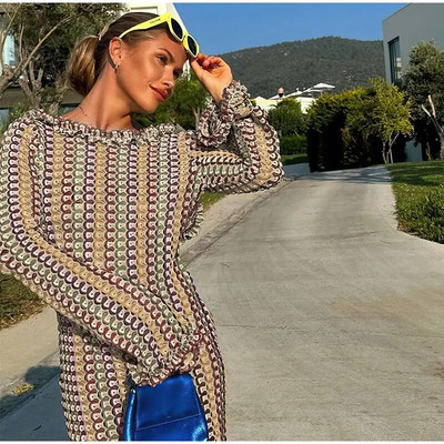 Naiste vabaaja kontrastsusega seljata maksikleit Elegantne O kaelus, sirge lainetusega pikkade varrukatega Vestidos Mood Seksikad puhkusepeo hommikumantlid