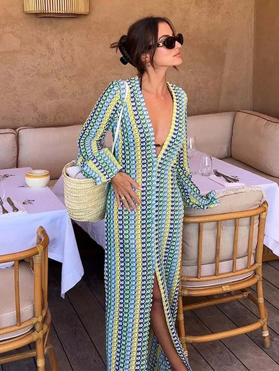 Naiste vabaaja kontrastsusega seljata maksikleit Elegantne O kaelus, sirge lainetusega pikkade varrukatega Vestidos Mood Seksikad puhkusepeo hommikumantlid