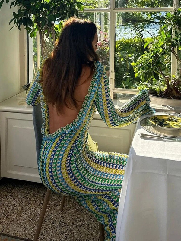 Naiste vabaaja kontrastsusega seljata maksikleit Elegantne O kaelus, sirge lainetusega pikkade varrukatega Vestidos Mood Seksikad puhkusepeo hommikumantlid