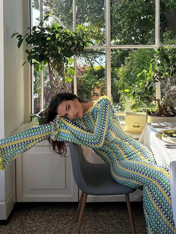 Naiste vabaaja kontrastsusega seljata maksikleit Elegantne O kaelus, sirge lainetusega pikkade varrukatega Vestidos Mood Seksikad puhkusepeo hommikumantlid