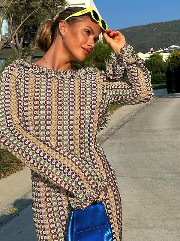 Naiste vabaaja kontrastsusega seljata maksikleit Elegantne O kaelus, sirge lainetusega pikkade varrukatega Vestidos Mood Seksikad puhkusepeo hommikumantlid