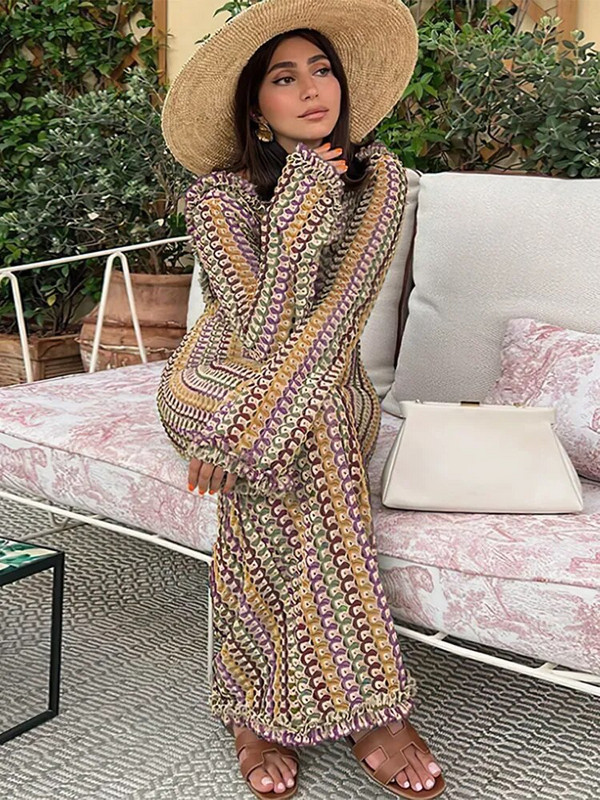 Naiste vabaaja kontrastsusega seljata maksikleit Elegantne O kaelus, sirge lainetusega pikkade varrukatega Vestidos Mood Seksikad puhkusepeo hommikumantlid