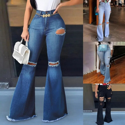 Μεγάλο μέγεθος S-3XL Γυναικείο σκισμένο Flare Jeans Άνοιξη Καλοκαίρι Φθινόπωρο Casual Καμπάνα με τρύπα Slim Skinny Pencil τζιν παντελόνι