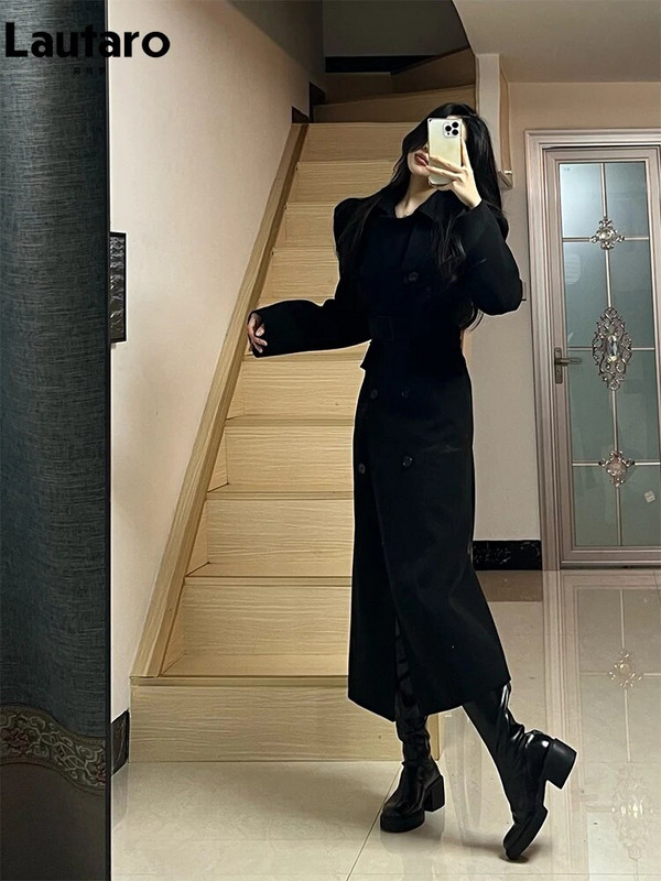 Lautaro Φθινοπωρινό Χειμώνας Εξαιρετικά Μακρύ, Κομψό, Πολυτελές Μάλλινο Παλτό Γυναικείο Πουφ Μανίκι Μπλέ Πολυτελή Επώνυμα Ρούχα 2023