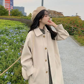 Модно памучно палто в корейски стил Дамско дамско вълнено палто с един ред копчета в класически университетски стил Есенно и зимно