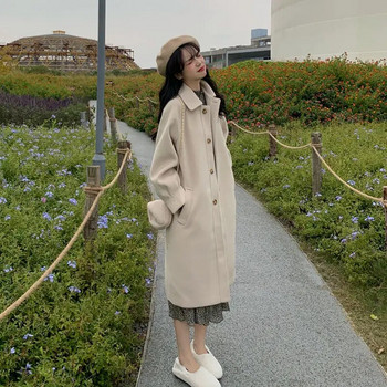 Модно памучно палто в корейски стил Дамско дамско вълнено палто с един ред копчета в класически университетски стил Есенно и зимно