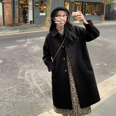 Dámsky klasický kabát z bavlnenej vlny v kórejskom štýle s jedným radom gombíkov, jesenný a zimný dámsky vlnený kabát