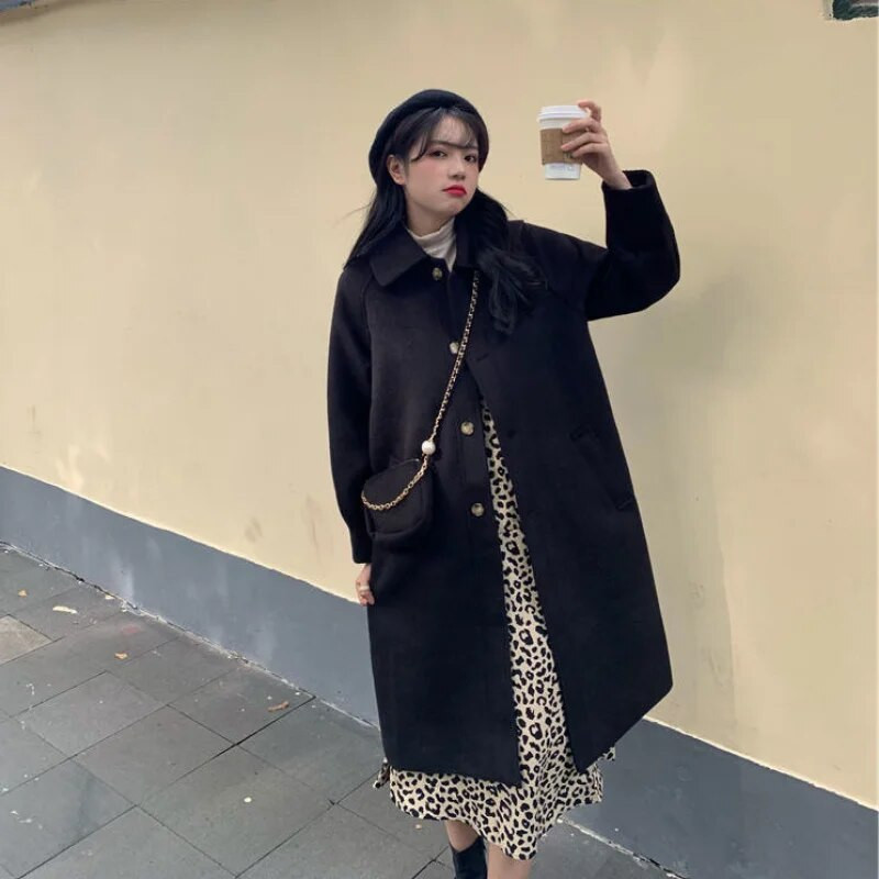 Dámsky klasický kabát z bavlnenej vlny v kórejskom štýle s jedným radom gombíkov, jesenný a zimný dámsky vlnený kabát