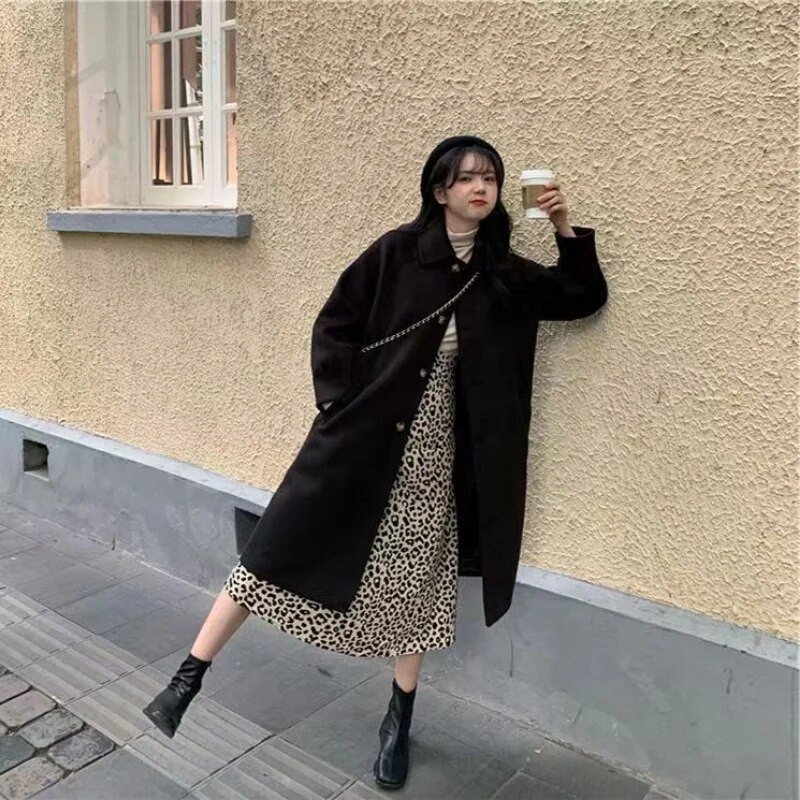 Dámsky klasický kabát z bavlnenej vlny v kórejskom štýle s jedným radom gombíkov, jesenný a zimný dámsky vlnený kabát