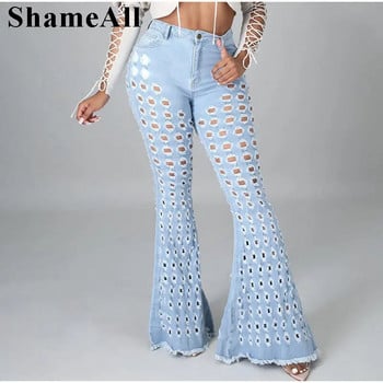 Y2K Street White Blue Hollow Strechy Flare Jeans Sexy Club με σκισμένες τρύπες με φαρδύ πόδι με κοκαλιάρικο σούπερ ελαστικό παντελόνι καμπάνα