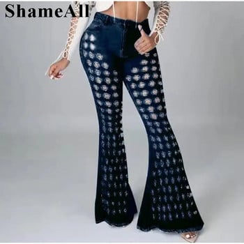 Y2K Street White Blue Hollow Strechy Flare Jeans Sexy Club με σκισμένες τρύπες με φαρδύ πόδι με κοκαλιάρικο σούπερ ελαστικό παντελόνι καμπάνα