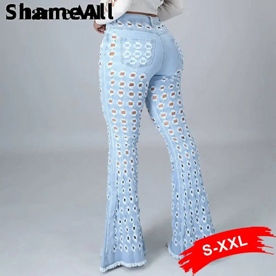 Y2K Street White Blue Hollow Strechy Flare Jeans Sexy Club με σκισμένες τρύπες με φαρδύ πόδι με κοκαλιάρικο σούπερ ελαστικό παντελόνι καμπάνα