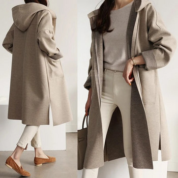 Μόδα Φθινοπωρινό Χειμώνας Κορεατικά μάλλινα παλτό Γυναικεία με κουκούλα κασμίρι ανοιχτή τσέπη βελονιά Χαλαρή μανδύα μακρυμάνικο μονόχρωμο αντιανεμικό