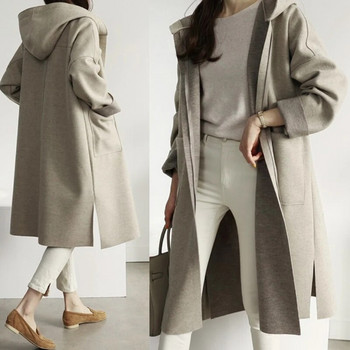 Μόδα Φθινοπωρινό Χειμώνας Κορεατικά μάλλινα παλτό Γυναικεία με κουκούλα κασμίρι ανοιχτή τσέπη βελονιά Χαλαρή μανδύα μακρυμάνικο μονόχρωμο αντιανεμικό