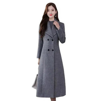 Есен Зима Дамско вълнено яке Нов стил Модно дълго палто от смесена вълна Двуредно удебелено палто