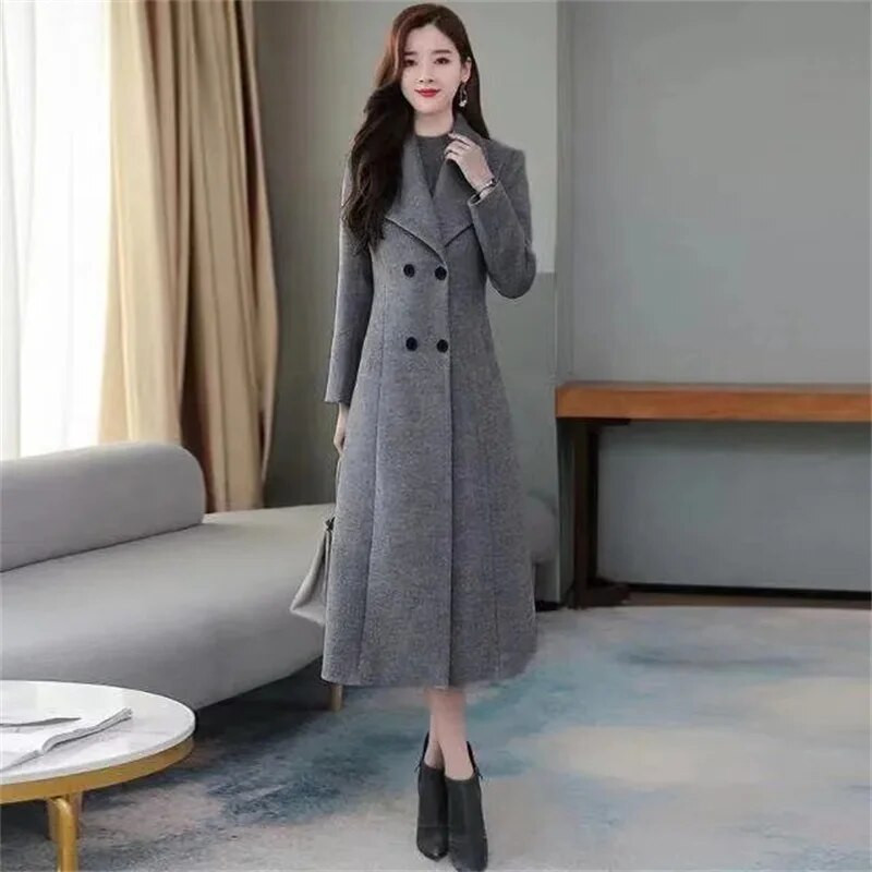 Sügistalvine naiste villane jope, uus stiil, mood, pikk villasegude mantel Kaherealine paks mantel