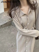 Κομψό πλεκτό γυναικείο φόρεμα Midi 2023 Φθινόπωρο με μακρύ μανίκι Γυναικεία φορέματα με δαντέλα μονόπετα Μονόχρωμη V-envk Slim Casual γυναικεία ρόμπα