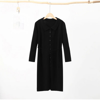 Κομψό πλεκτό γυναικείο φόρεμα Midi 2023 Φθινόπωρο με μακρύ μανίκι Γυναικεία φορέματα με δαντέλα μονόπετα Μονόχρωμη V-envk Slim Casual γυναικεία ρόμπα