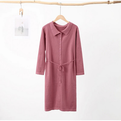 Κομψό πλεκτό γυναικείο φόρεμα Midi 2023 Φθινόπωρο με μακρύ μανίκι Γυναικεία φορέματα με δαντέλα μονόπετα Μονόχρωμη V-envk Slim Casual γυναικεία ρόμπα