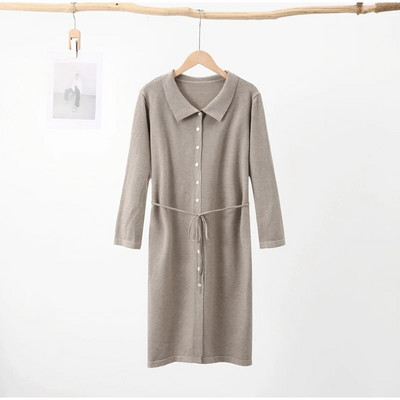 Κομψό πλεκτό γυναικείο φόρεμα Midi 2023 Φθινόπωρο με μακρύ μανίκι Γυναικεία φορέματα με δαντέλα μονόπετα Μονόχρωμη V-envk Slim Casual γυναικεία ρόμπα