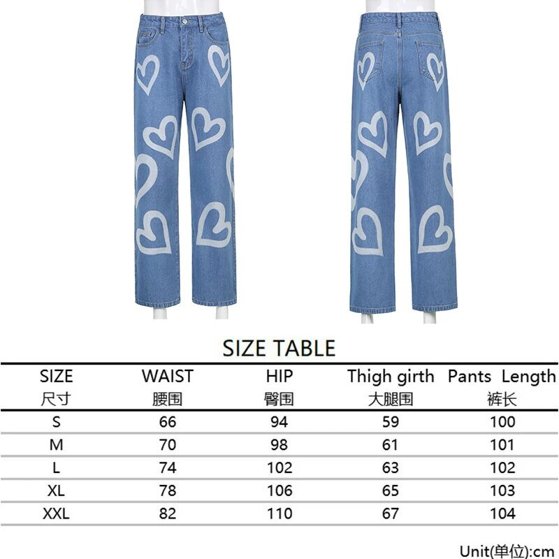 Y2K naiste laia säärega teksad Kõrge vöökohaga istuvad grafiti stiilis südamega graafilised trükised mood sale esteetiline vintage kottis tänavariided