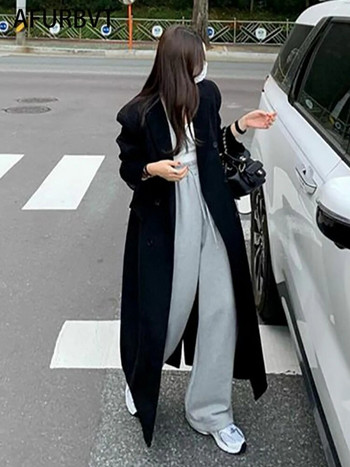 Вълнено палто за жени 2023 г. Модно елегантно дамско палто Офис дамско с отложна яка Двуредно свободно дълго палто Дамско яке