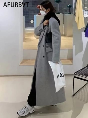 Вълнено палто за жени 2023 г. Модно елегантно дамско палто Офис дамско с отложна яка Двуредно свободно дълго палто Дамско яке